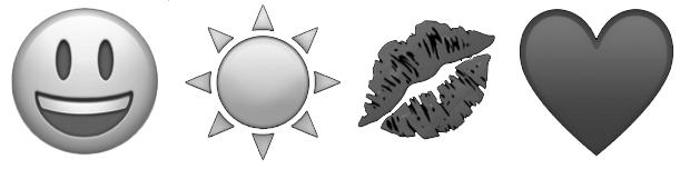 Emojis showing Smiling Face, the Sun, a kiss mouth, and a red heart
